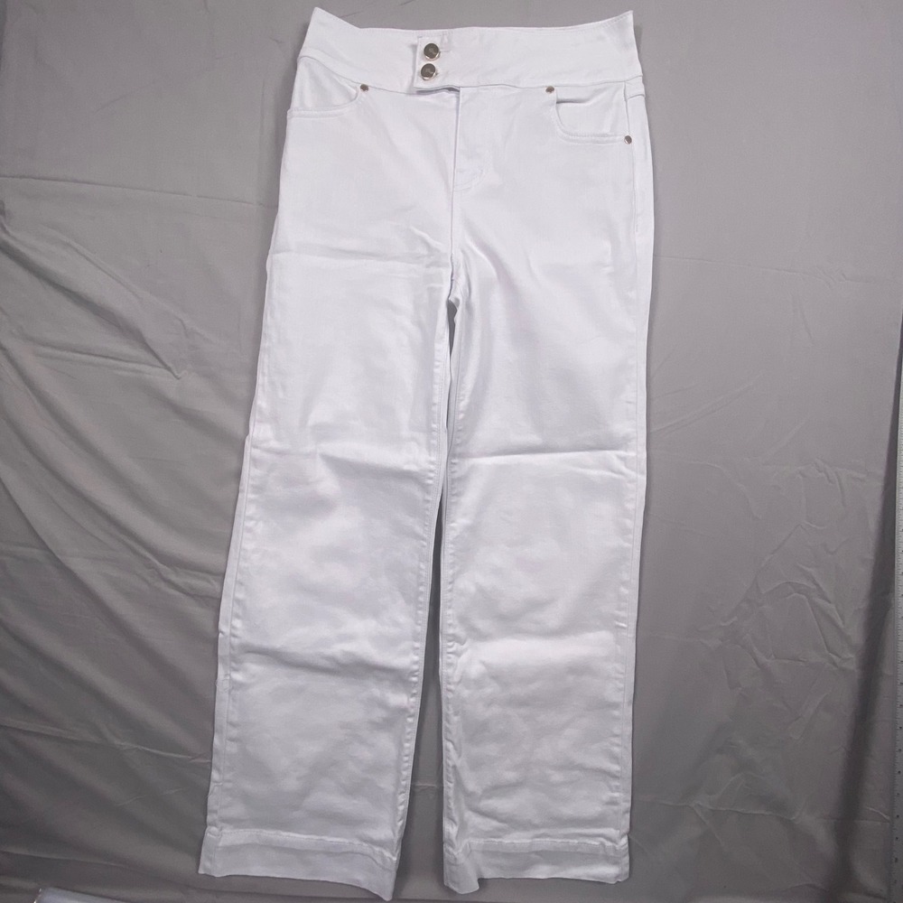 1822 Denim High Rise Wide Leg Jeans Womens 2 White Gold Button Stretch Casual